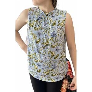 Ann Taylor Factory Blue Green Floral Sleeveless Top Ruffled Collar